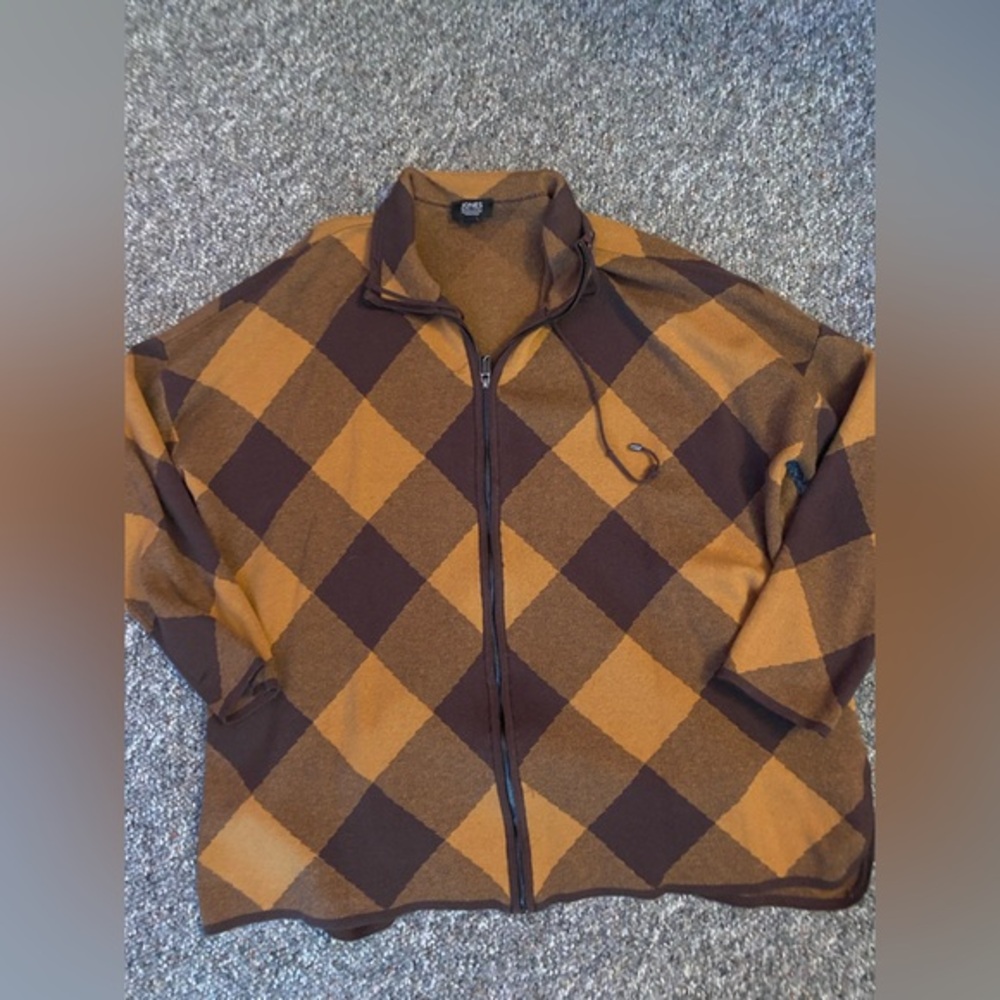 Jones New York Zip-Up Sweater - Brown and Tan Argyle